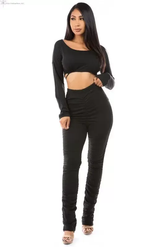 Women's Crop Top And Pants Set Black