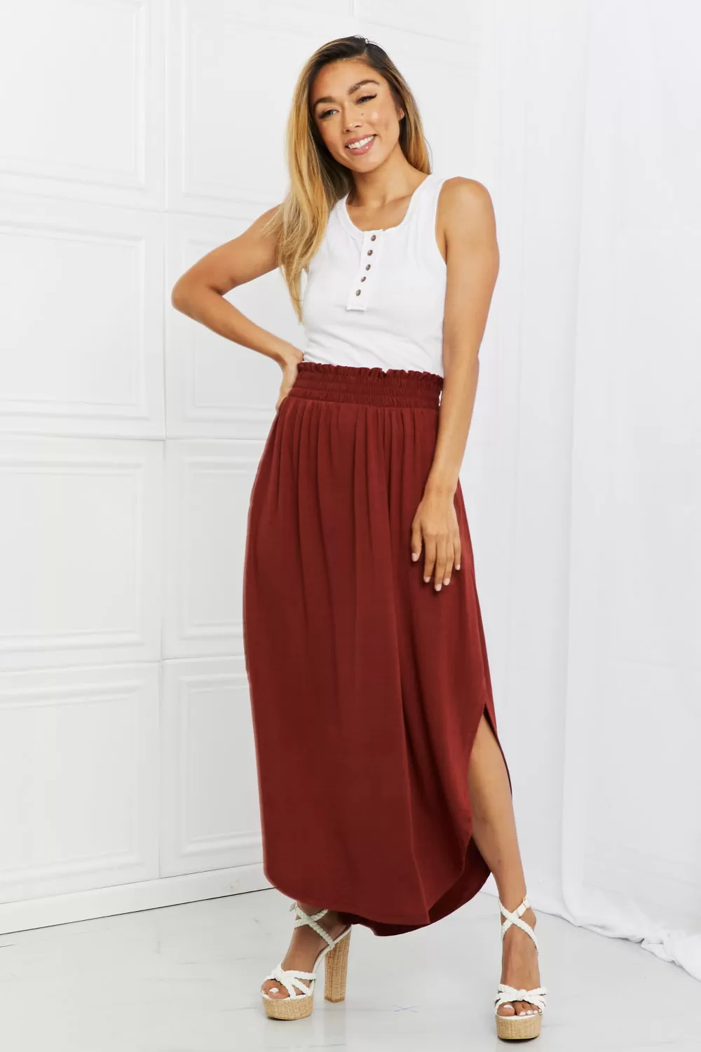 Zenana It's My Time Full Size Side Scoop Scrunch Skirt in Dark Rust